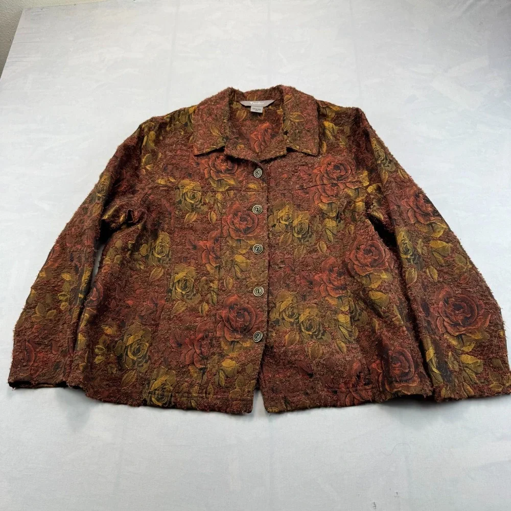 TanJay Tapestry Jacket Womens Petite 14P Brown Floral Long Sleeve Button Front